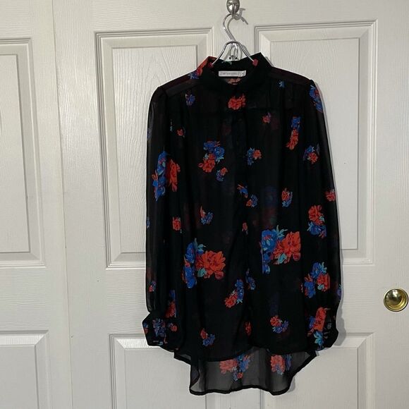 MINKPINK Sheer Black Button Down Blouse with Vibrant Red & Blue Roses, Medium - Picture 12 of 15